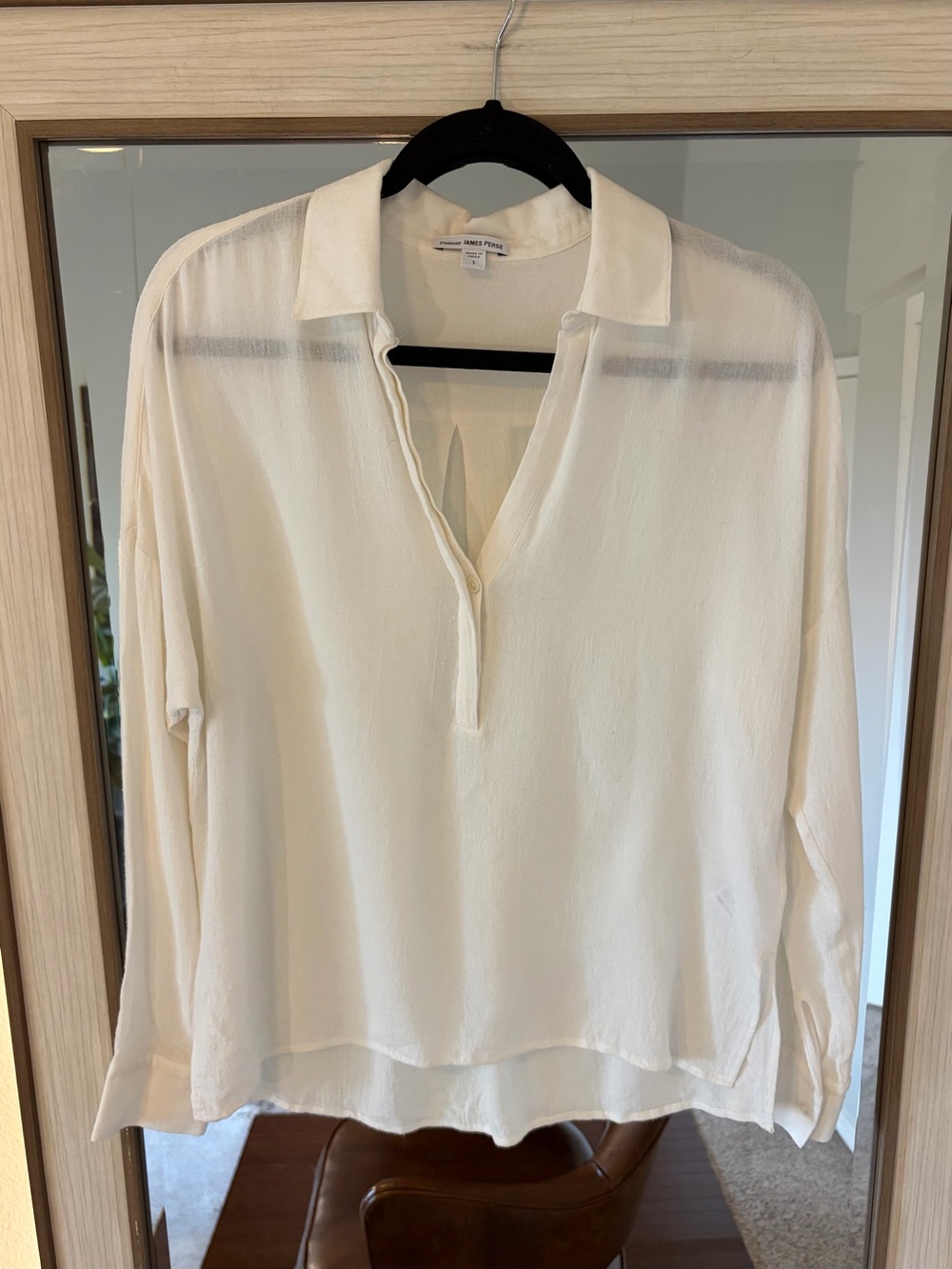 James Perse Collared Shirt Ladies White Wool Blend Long Sleeve Half Button Sz Sm